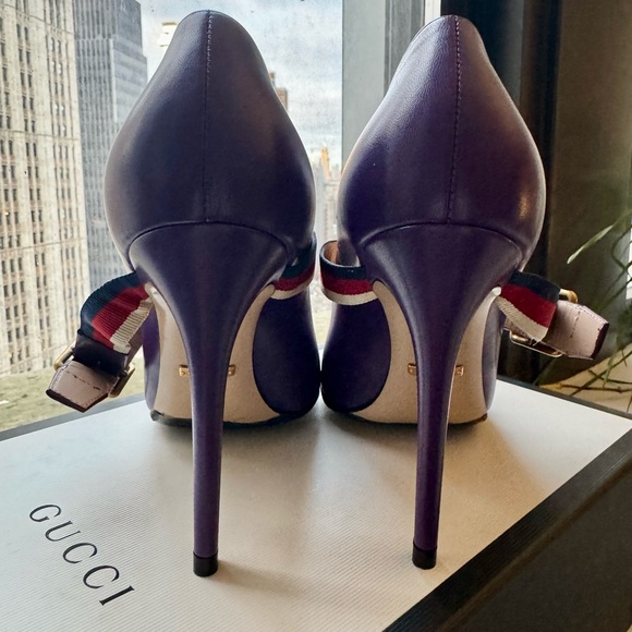 NEW Gucci Sylvie Logo Web Stripe Mary Jane Buckle purple Leather Pumps US 6.5 - Picture 5 of 6